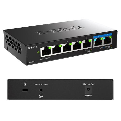 Мультигигабитный коммутатор D-Link DMS-107 с 5 портами 1G и 2 портами 2,5G, металлический корпус